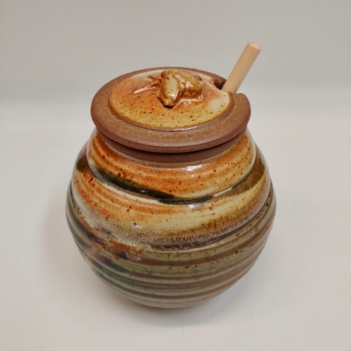 #221157 Honey Pot with Dip Stick Rust/Grn/Blk $16 at Hunter Wolff Gallery